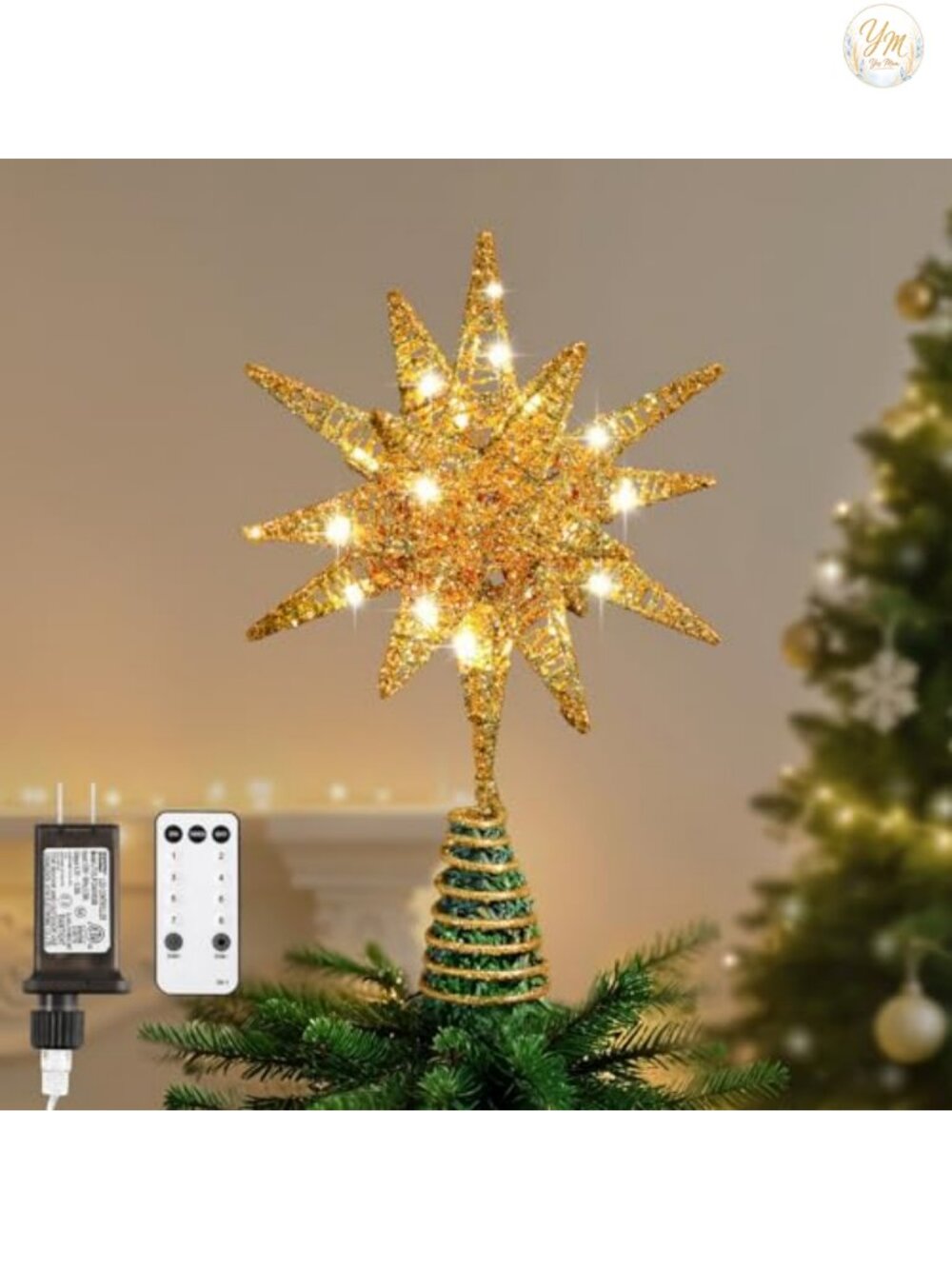 LED Christmas Tree Topper Star 3D Geometric 11" Metal Remote Timer 8 Modes